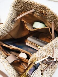 Đúng mốt Dệt Túi mây Với Dung lượng lớn Và Cây tre Tay cầm Đối với Vai Và Tay Mang - Màu Khaki - Xem 4