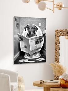 1pc Animal Bathroom Art, A Dog Reading Newspaper On The Toilet, Canvas Wall Decor, White, Suitable For Living Room Entryway Home Decor, Art Canvas Print, Suitable For Living Room Bedroom Or More, Reusable And Removable Unframed Wall Art - Multicolor - View 5