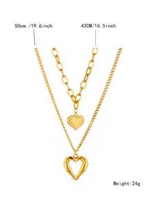 Set Of Two Stainless Steel Heart Pendant Necklaces - Cool And Hip-Hop Collarbone Chain Set Valentines - Yellow Gold - View 5