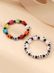 2入組復古骷髏頭彈性手鍊,中性朋克風格萬聖節哥德式手鏈 - 彩色 - 查看 2
