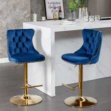 2/4/6 Piece Set Adjustable Swivel Bar Stools, Dining Bar Chairs With Velvet Tufted Back, Metal Base, Footrest For Home Bar, Dining Room, Kitchen Island. - Biru-emas - View 2