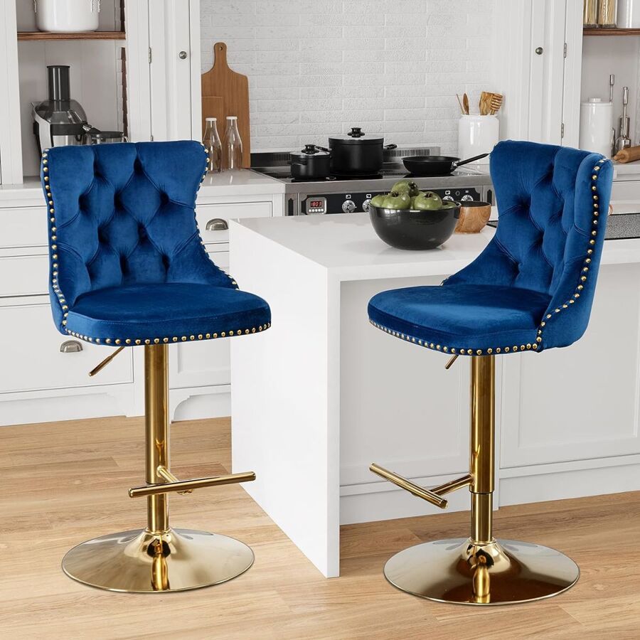 2/4/6 Piece Set Adjustable Swivel Bar Stools, Dining Bar Chairs With Velvet Tufted Back, Metal Base, Footrest For Home Bar, Dining Room, Kitchen Island. - Biru-emas - View 1