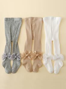 3 Pairs Girls Cute Bow Decor Versatile Solid Color Tight Leggings, Soft & Fashionable For Girls Daily Wear - Multicolor - View 4