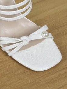 女性白色珍珠方頭高跟鞋帶外漏腳趾,粗跟涼鞋帶薄背帶和涼鞋 - 白色 - 查看 5