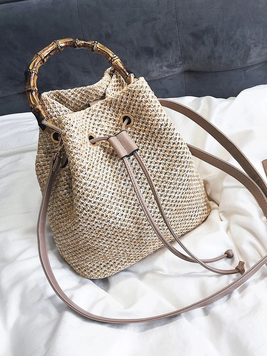 Đúng mốt Dệt Túi mây Với Dung lượng lớn Và Cây tre Tay cầm Đối với Vai Và Tay Mang - Màu Khaki - Xem 1