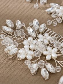 3件套女士仿珍珠水晶串珠发梳及发夹手工套装，经典欧美风格新娘婚礼头饰，银色优雅皇冠情人节配饰 - 銀色 - 查看 7