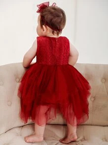 Baby Girls 紅色蕾絲蓬裙洋裝,適用於生日/婚禮小花童裝 - 酒紅色 - 查看 4