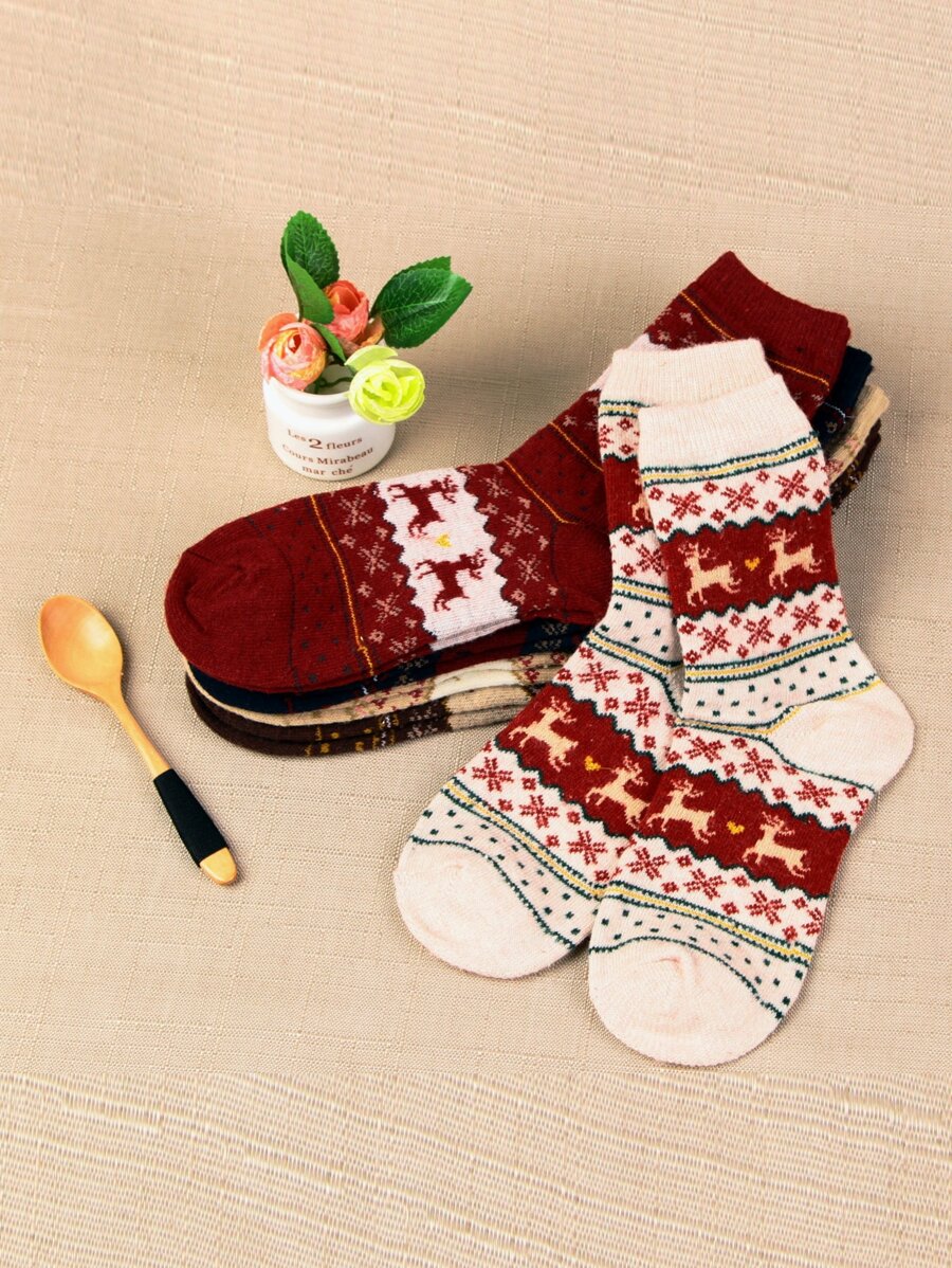Bộ 5 đôi tất dài đến bắp chân họa tiết hoạt hình dành cho nữ giữ ấm mùa đông, Giáng sinh - Nhiều màu - Xem 1