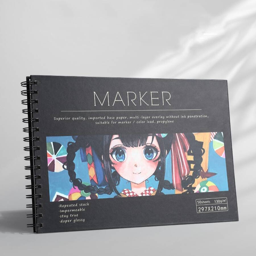 1 Pieza Libreta De Dibujo De Marcador A4 Con Diseño De Chica De Dibujos Animados Con 50 Hojas, Engrosado Cuaderno De Bocetos Pintado A Mano Para Rotuladores De Cómics / Manga / Anime - Negro - Ver 1