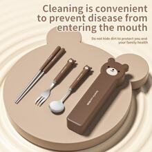 1件套卡通熊形不銹鋼勺叉套裝,可愛熊造型便攜餐具套裝合適的適用於家庭,學校,辦公室,和旅行