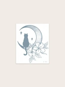1 hoja de pegatina de tatuaje con patrón de gato y flor, tatuaje temporal falso - Negro - Ver 3
