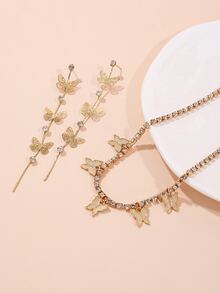 1套裝時尚水鑽蝴蝶項鍊和耳環套裝,合適的適合女士至穿戴在派對,晚餐或者作為禮物