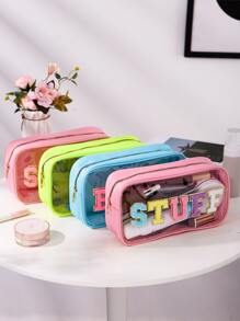 Chenille Stuff Letter Trong suốt Túi trang điểm du lịch Preppy Patch, 1Pc Túi đựng mỹ phẩm đa chức năng nhẹ Túi đựng vòi hoa sen Túi đựng mỹ phẩm di động Hộp đựng bàn chải có khóa kéo cho son môi, cọ, chăm sóc da, điện thoại di động, tiền xu, vật dụng nhỏ, cho gia đình, du lịch, kỳ nghỉ Và sử dụng trong trường học Hộp đựng đồ trang điểm Hộp đựng đồ trang điểm - Hồng - Xem 5
