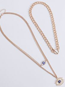2pcs Three Layers Ot Clasp & Rhinestone-studded Blue Evil Eye Pendant Necklace (niche Style) - Gold - View 5