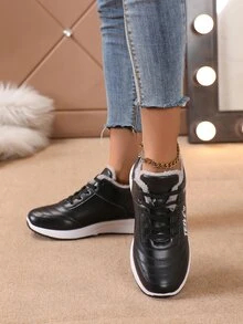 女性休閒運動鞋,冬天溫暖毛絨襯墊平底防滑軟底旅行跑步鞋 - 黑色 - 查看 4