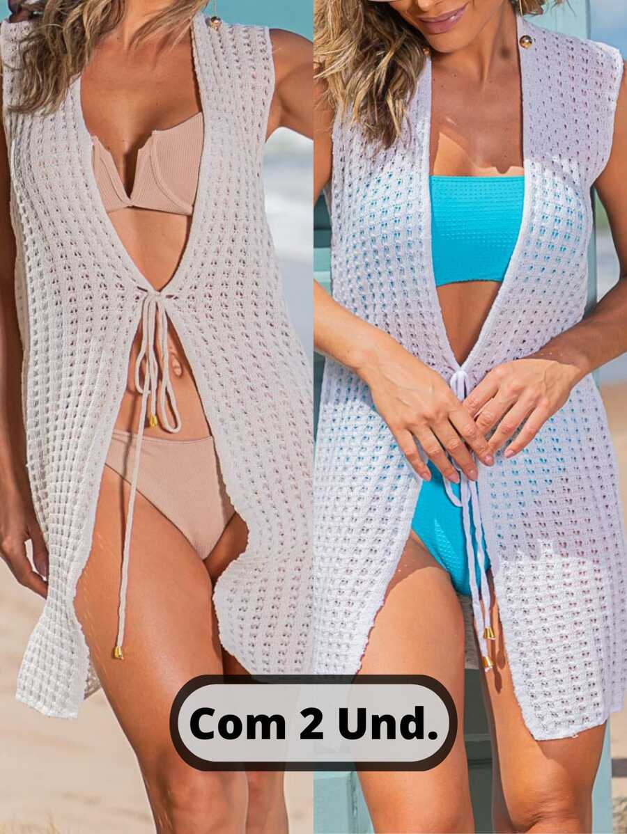Women's Short Sleeve Beach Cover-Up 2-Piece Kit Knitted Swimwear - 白色和關閉 - 查看 1