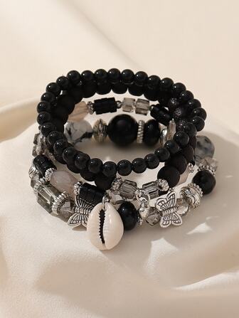 4入組波西米亞風格的玻璃&木製&珠子&蝴蝶&貝殼吊飾手鐲組合,適合女性休閒時尚海灘假期