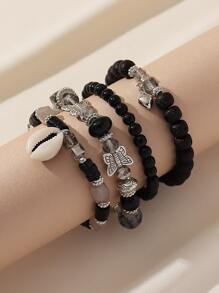 4入組波西米亞風格的玻璃&木製&珠子&蝴蝶&貝殼吊飾手鐲組合,適合女性休閒時尚海灘假期 - 黑色 - 查看 2