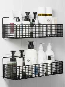 1个铁艺浴室收纳架，黑色无孔壁挂式收纳架，浴室置物架整理架 - 黑色 - 查看 1