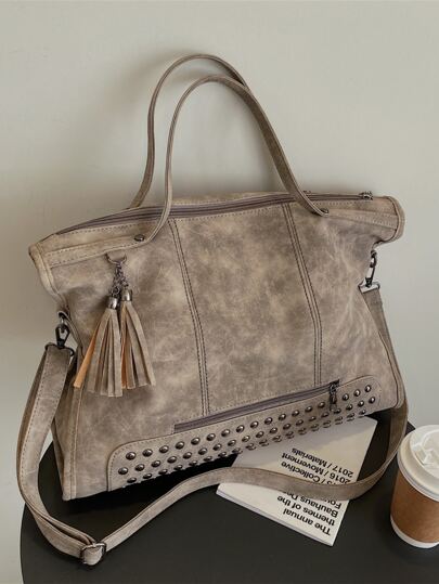 Minimalist Lightweight,Portable,Classic,Casual Large Capacity Tote Bag With Rivet And Tassel Decoration For Teen Girls Women College Students,Teacher,White-Collar Workers,Rookies & White-Collar Workers Perfect For Office,Perfect For Outdoors,Elementary School, Middle School, High School,Work ,Business,Commute Best Gift Bags For Teachers, Women, Girlfriends & Families, New Arrival Tote Bags For Woman