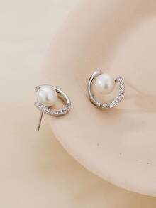 1雙時尚S925銀乳白色&珍珠鑲嵌耳釘適用於女性日常和辦公穿 - 銀色 - 查看 8