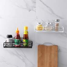 1pc Rectangle Metal Shelves, Multipurpose Kitchen Bathroom Shelf, Wall Holder Storage Rack, Sticker Shower Rack Shelf - Black - View 8