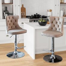 2/4/6 Piece Set Adjustable Swivel Bar Stools, Dining Bar Chairs With Velvet Tufted Back, Metal Base, Footrest For Home Bar, Dining Room, Kitchen Island. - Khaki-silver - View 1