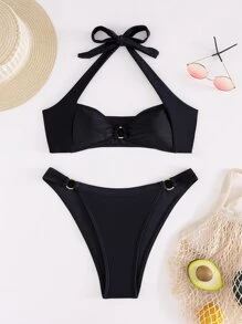 2 件套金属装饰分体比基尼套装，优雅设计性感女士泳装，夏季 - 黑色 - 查看 4