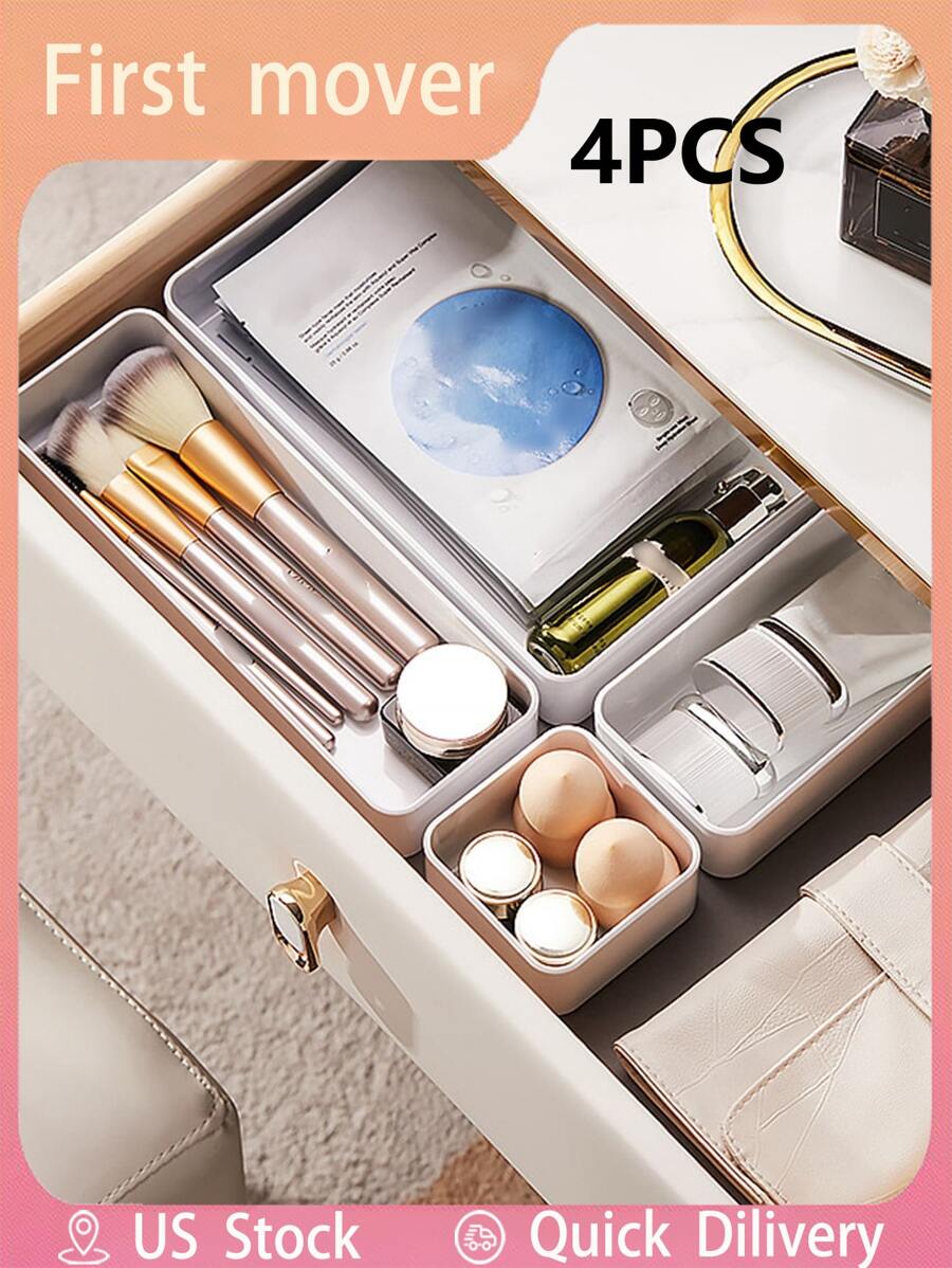 4pcs White Drawer Divider Makeup Organizer For Home Use, Cabinet Inner Grid Misc Storage Rack - White - View 1