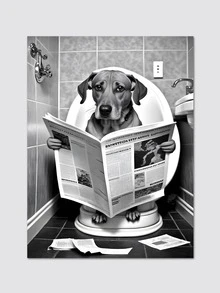 1pc Animal Bathroom Art, A Dog Reading Newspaper On The Toilet, Canvas Wall Decor, White, Suitable For Living Room Entryway Home Decor, Art Canvas Print, Suitable For Living Room Bedroom Or More, Reusable And Removable Unframed Wall Art - Multicolor - View 2