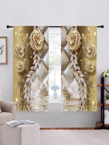 2pcs Gold Swan Shaped Decorative Rod Pocket Window Curtains For Home - Multicolor - View 5