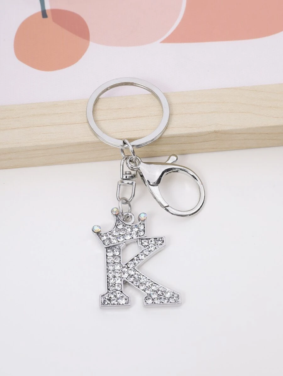 1 Máy Tính Unisex Màu Bạc Kim Loại Đính Kim Cương Giả Đính Đá Hoa Chữ Cái K Móc Khóa, Cặp Đôi Tên Móc Khóa, món Quà Nhỏ Cho Túi Phụ Kiện - Bạc - Xem 1