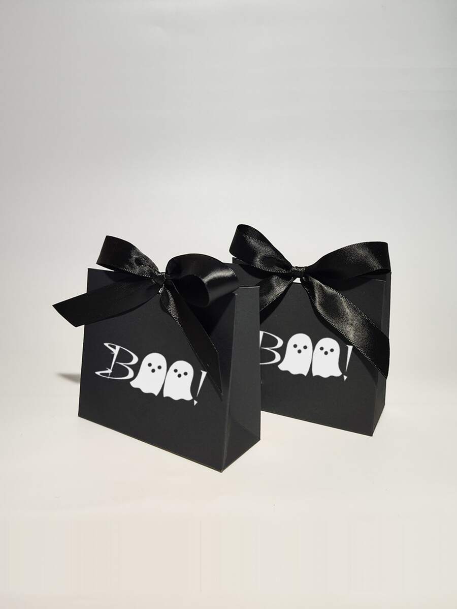 10pcs Mini Cute Halloween Candy Box With A Spooky Boo And Ghost Design - Black Box With Ribbon, Trick Or Treat,Christmas - Black - View 1