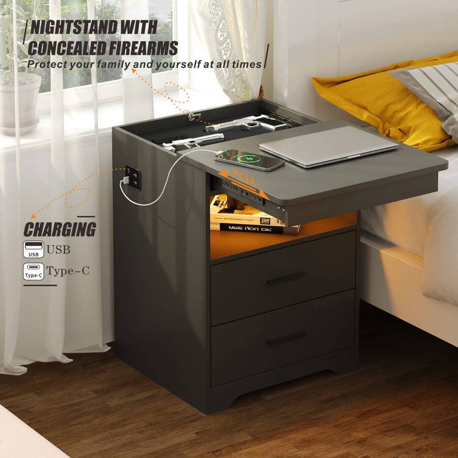 Kasibie LED Nightstand With USB &Wireless Charging Station, Lockable ...