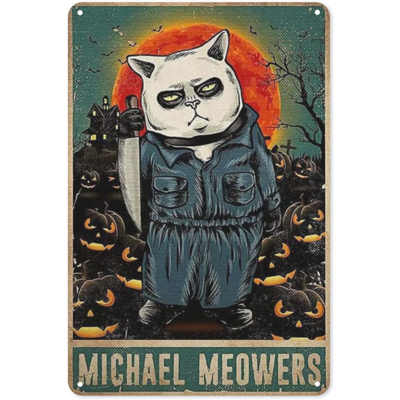 12x8英寸貓奴michael Meowers海報 Michael Myers迷恐怖萬聖節家居裝飾萬聖節錫牌咖啡館家居牆藝術裝飾復古金屬錫牌 8x12英寸 - 彩色 - 查看 1
