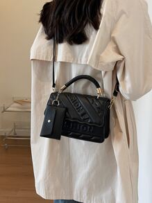 时尚翻盖封口手提包，带字母印花和卡夹，时尚压花斜挎包，时尚 PU 皮革单肩包，女士休闲翻盖手提包，钱包