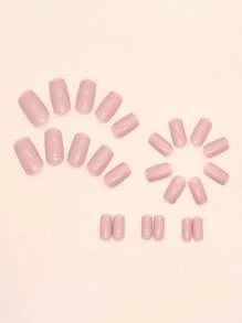 24pcs Short Square Extremely Simple, Pure, Bare Skin, Plain, Glossy Painted Nail Patch+1 Piece Of Jelly Glue+1 File Strip Press On Nails Nail Supplies - Coral Pink - View 2