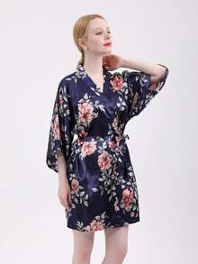 Navy Blue Short Printed Robe - Navy Blue - View 3
