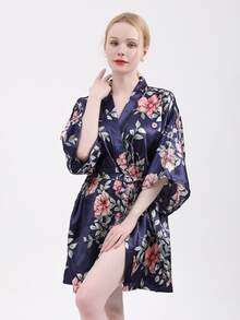 Navy Blue Short Printed Robe - Navy Blue - View 4