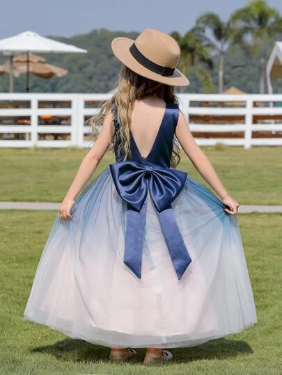 Vestido de noche azul para niñas preadolescentes con lazo grande, falda larga con volantes, falda de gasa degradada y diseño sin espalda