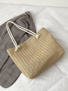 1pc Women's Large Capacity Woven Straw Tote Bag With Vacation Style - Khaki - View 1