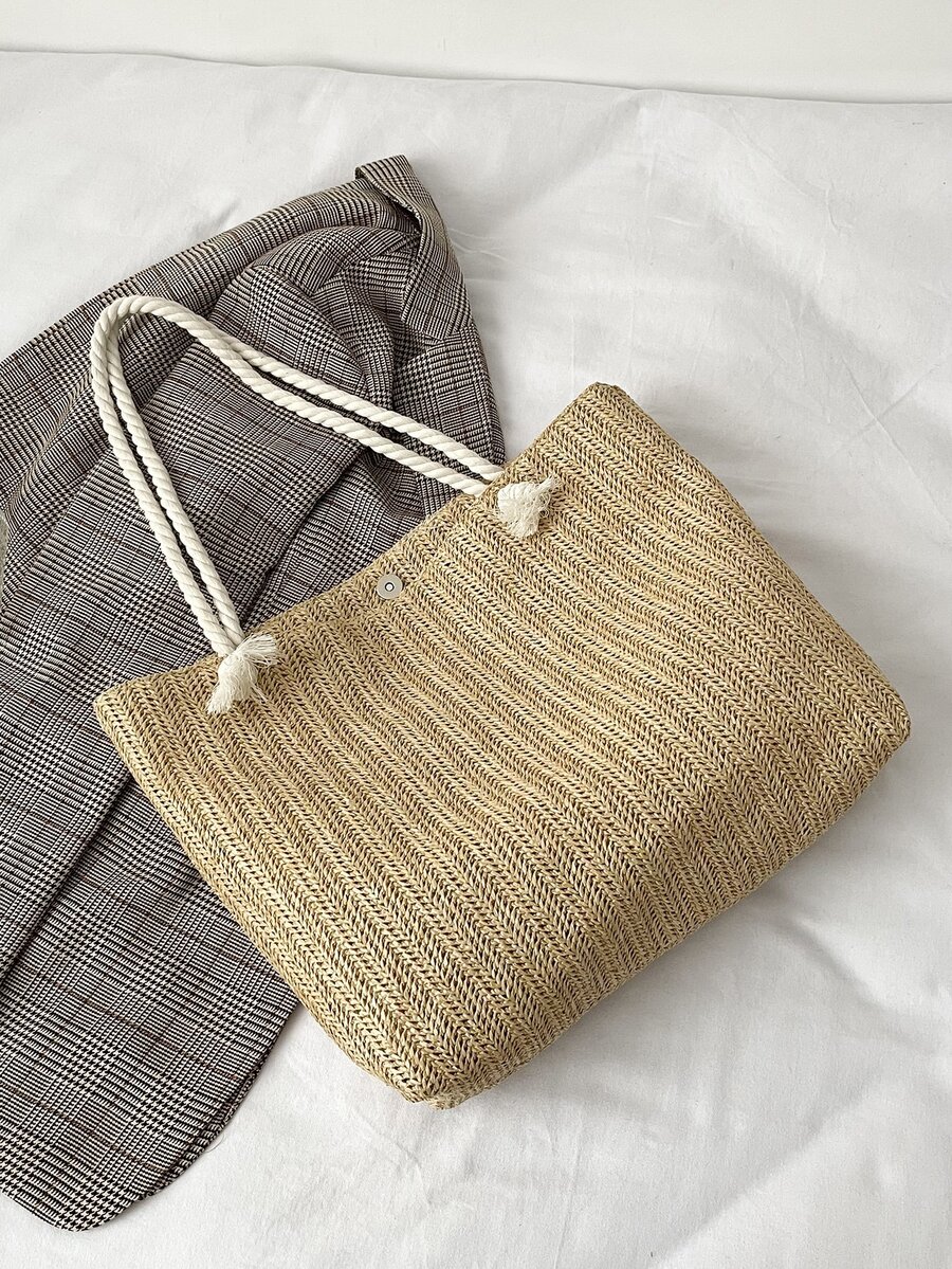 1pc Women's Large Capacity Woven Straw Tote Bag With Vacation Style - Khaki - View 1