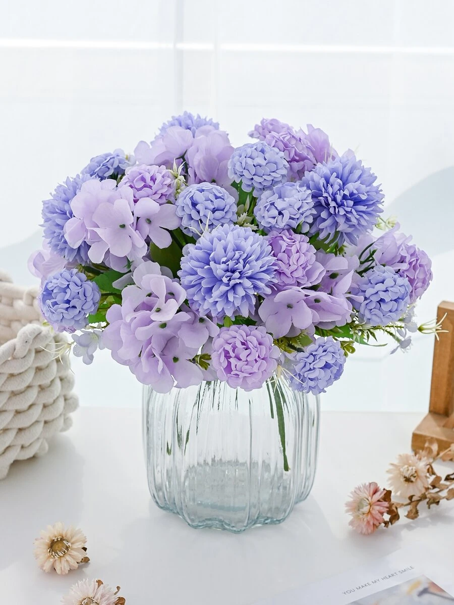 1/3 Pcs Artificial Flowers, Chrysanthemum, Hydrangea Bouquet, Carnation, Mixed Flowers, Home Decor, Restaurant, Bedroom, Floral Arrangement, Wedding, Bridal Bouquet, Wrist Corsage, Boutonniere, DIY Wreath Materials, Birthday Party Decor, Valentine's Day & New Year Gift, Graduation Gift, Autumn Decor - Violet Purple - View 1