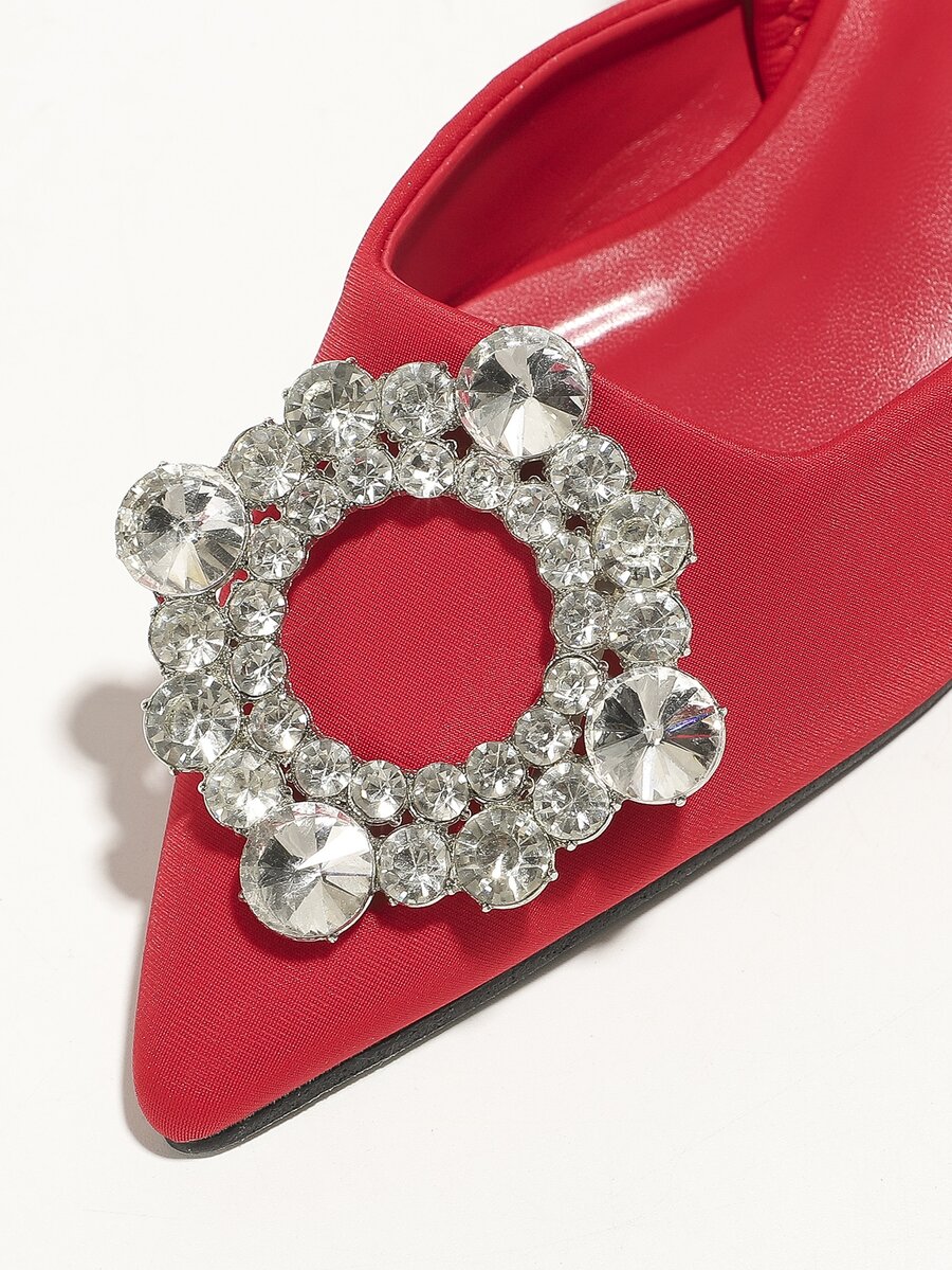 女款玻璃鑽扣尖頭踝帶高跟鞋,閉趾設計 - 紅色 - 查看 1