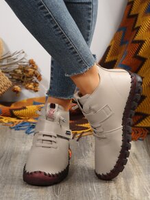 Plus Size Fashionable Shoes With Hand-stitched Lines, Thickened And Ribbed Soles, Furry Boots For Women's Winter Warmth. Soft Bottom Ankle Boots For Mom - Khaki - View 3