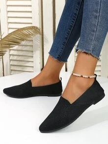 女性新潮透氣平底針織尖頭軟底休閒鞋,防滑舒服的設計合適的辦公工作 - 黑色 - 查看 3