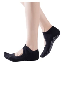 1 Pair Anti-slip Absorbent Sport Socks For Women, Open Back Yoga Socks, Black Knitted Towel Bottom Socks, Floor Socks For Dancing, Fitness - Black - View 2