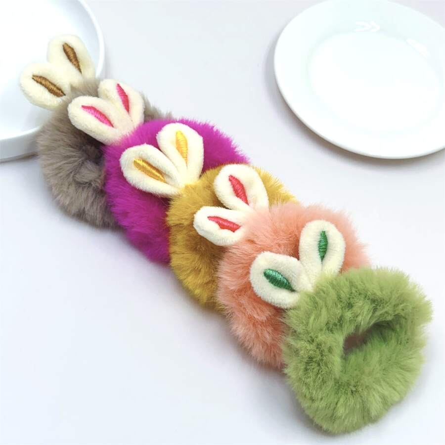 5pcs Super Cute Adorable Dopamine Series Plush Rabbit Ears Hair Ties ...