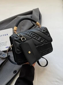 时尚翻盖封口手提包，带字母印花和卡夹，时尚压花斜挎包，时尚 PU 皮革单肩包，女士休闲翻盖手提包，钱包