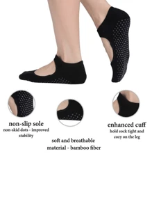 1 Pair Anti-slip Absorbent Sport Socks For Women, Open Back Yoga Socks, Black Knitted Towel Bottom Socks, Floor Socks For Dancing, Fitness - Black - View 3